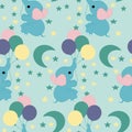 Pastel balloons, cute elephant, moon and stars in a seamless pattern design