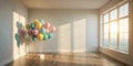 Pastel balloons floating in a sunlit room. Generative AI Royalty Free Stock Photo