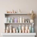 Pastel Beauty Haven: Bathroom Shelf with Assorted Cosmetic and Body Care Products Mockup Generative AI