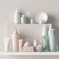 Pastel Beauty Haven: Bathroom Shelf with Assorted Cosmetic and Body Care Products. Mockup Generative AI