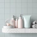 Pastel Beauty Haven: Bathroom Shelf with Assorted Cosmetic and Body Care Products Mockup Generative AI