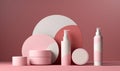 pastel beauty layout treatment product cosmetic pink skincare care background bottle. Generative AI.