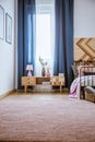 Pastel bedroom interior with cupboard