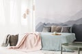 Pastel bedroom interior with mountain