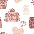 Pastel beige-brown painted pattern with painted strawberry cake, jam jar, berry muffin, hearts. Seamless print for textiles