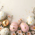 Pastel beige Easter eggs with cute golden patterns and little spring flowers on a glittering pastel beige background with blank