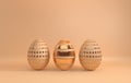 Pastel beige and glossy golden easter eggs on beige background. 3d render, digitally generated template. Happy Easter big hunt or