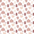 Pastel beige painted pattern with drawn strawberries, jam jar, berry muffin, hearts. Seamless print for textiles, menus, stickers Royalty Free Stock Photo