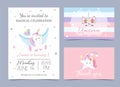 Pastel birthday invitation with unicorn,head,rainbow,frame and s