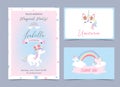 Pastel birthday invitation with unicorn,head,rainbow,frame and s