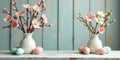 Pastel blossoms and delicate easter eggs in vintage vases on a rustic wooden surface. Generative AI Royalty Free Stock Photo