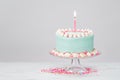 Pastel Blue Birthday Cake over White Background. Royalty Free Stock Photo
