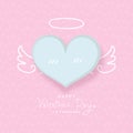 Pastel blue hearts that are decorated with angel wings and angel rings. Valentine`s day concept. Cartoon style.
