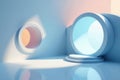 Pastel blue minimalist abstract architectural scene with circular openings and elevated platform. Generative AI Royalty Free Stock Photo