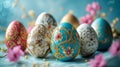 Pastel blue painted Easter eggs with Russian-inspired patterns on a light blue background. Royalty Free Stock Photo