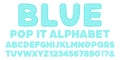 Pastel blue popit alphabet and numbers set in fidget toy style. Pop it font design as a trendy silicone toy for fidget