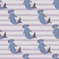 Pastel blue seamless pattern with blue hammerhead sharks. Light pastel purple striped background