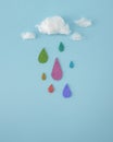 Pastel blue sky full of white clouds and colorful rain. Rain drops of glitter Creative minimal Spring concept. Flat lay. Soft Royalty Free Stock Photo