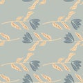 Pastel botanic tulip flower shapes seamless pattern. Soft blue background and buds with beige stems. Tender print Royalty Free Stock Photo