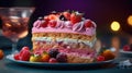 Pastel cake on plate decorated with flowers and berries