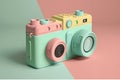 pastel camera surrounded by colorful balls on a pink background, 3D render, Colorful background. generative AI Royalty Free Stock Photo