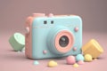 pastel camera surrounded by colorful balls on a pink background, 3D render, Colorful background. generative AI Royalty Free Stock Photo