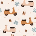 Cute pastel cartoon scooter seamless vector pattern background illustration with daisy flowers