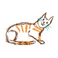 Funny red tabby sitting cat. Wax crayon like child`s hand drawn cute kitten art.