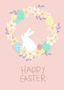 Pastel color easter wreath with egg and white bunny