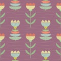 Pastel color flowers with textured fabric look. Vector seamless pattern on rose purple background with subtle hand drawn