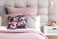 Pastel color pillows in bedroom Royalty Free Stock Photo