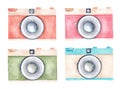 Pastel color retro cameras watercolor clipart collection. Hand painted illustration isolated on white background