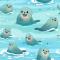Rough drawing of cute seals swimming in the vast ocean seamless pattern