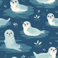 Rough drawing of cute seals swimming in the vast ocean seamless pattern