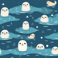 Rough drawing of cute seals swimming in the vast ocean seamless pattern