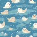 Rough drawing of cute seals swimming in the vast ocean seamless pattern