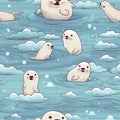 Rough drawing of cute seals swimming in the vast ocean seamless pattern