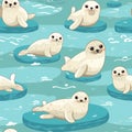 Rough drawing of cute seals swimming in the vast ocean seamless pattern