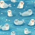 Rough drawing of cute seals swimming in the vast ocean seamless pattern