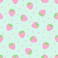 Pastel Pink & green strawberry seamless pattern. Repeatable background. Isolated on mint green background. Vector illustration.