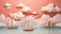 Pastel-Colored Airship Fleet Soaring Through the Serene Peach and Pink Cloudscape. Dream concept. Banner