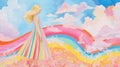 pastel colored background with a woman, rainbow and clouds. Generative AI