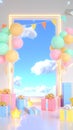 Pastel Colored Balloon Decoration Scene with Gift Boxes and Festive Banners Ideal for Celebration Backgrounds Party Design Royalty Free Stock Photo