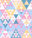 Pastel colored blue pink yellow and white various triangles geometric abstract ethnic seamless pattern, vector Royalty Free Stock Photo