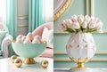 Soft pastel colored Easter decoration with eggs and pink flowers. Elegant still life. AI Generated Royalty Free Stock Photo
