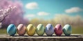 Pastel colored Easter Eggs with blurred spring landscape background. Generative AI