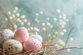 Pastel colored Easter eggs and flowers on sunny light background. Moody atmospheric image. Generative AI