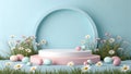 A pastel-colored Easter scene with a white and pink podium surrounded by flowers and eggs Royalty Free Stock Photo