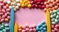 Pastel colored eggs and wooden crayons frame a pink background. Generative AI Royalty Free Stock Photo