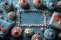 A pastelcolored frame is created with free space for text made from numerous birthday cakes Royalty Free Stock Photo